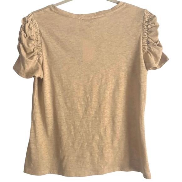 Industry Tan Pima Cotton V-Neck Ruched Puff Sleeve Tee Shirt Medium - Picture 3 of 5